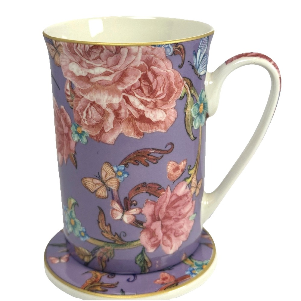 Kent Pottery Tea Mug Infuser Set Lavender Floral Butterfly Hummingbird New 90739